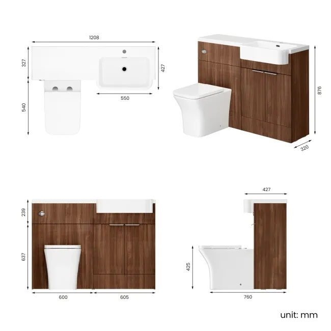 Sicily Fluted Black Walnut Combination Vanity Basin and Houston Toilet 1200mm - Chrome Handles - Right Handed