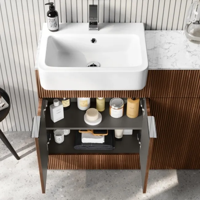 Sicily Fluted Black Walnut Combination Vanity Basin with Marble Top & Houston Toilet 1200mm - Chrome Handles