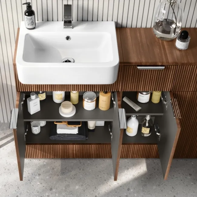 Sicily Fluted Black Walnut Combination Vanity Basin 1500mm (Excludes Toilet) - Chrome Handles