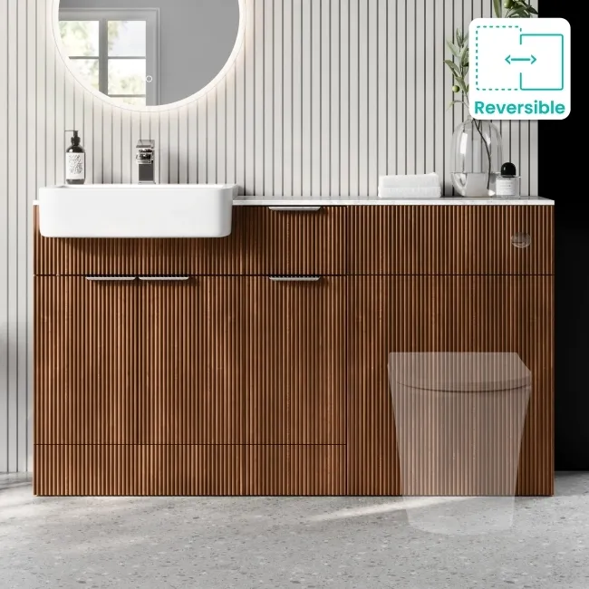 Sicily Fluted Black Walnut Combination Vanity Basin with Marble Top 1500mm (Excludes Toilet) - Chrome Handles