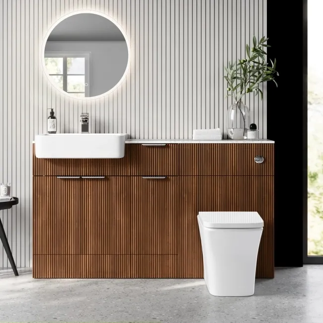 Sicily Fluted Black Walnut Combination Vanity Basin with Marble Top & Houston Toilet 1500mm - Chrome Handles