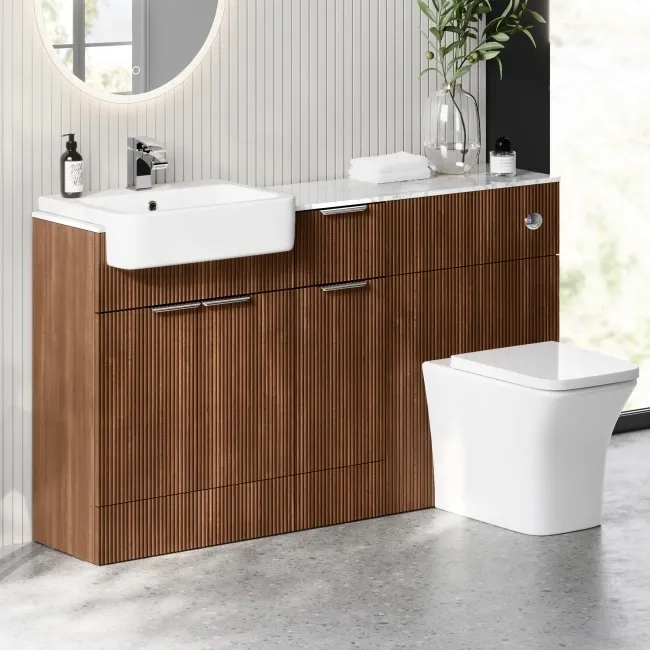 Sicily Fluted Black Walnut Combination Vanity Basin with Marble Top & Houston Toilet 1500mm - Chrome Handles