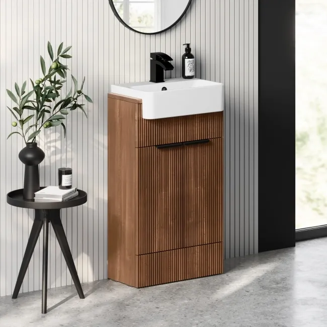 Sicily Fluted Black Walnut Vanity with Semi Recessed Basin 500mm - Black Accents