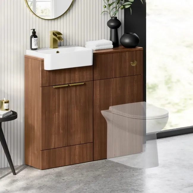 Sicily Fluted Black Walnut Vanity and Back To Wall Toilet Unit 1000mm (Excludes Toilet) - Brushed Brass Accents
