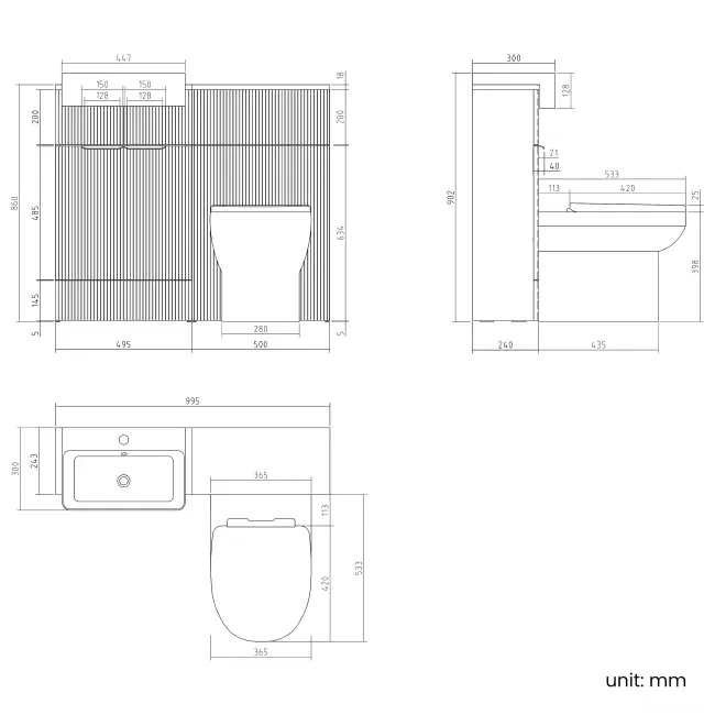 Sicily Fluted Black Walnut Combination Vanity Basin and Miami Toilet 1000mm - Brushed Brass Accents