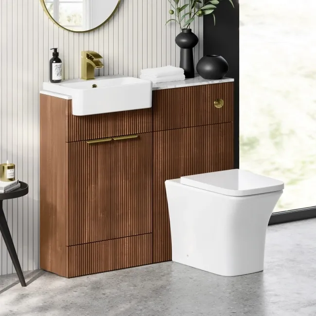 Sicily Fluted Black Walnut Combination Vanity Basin with Marble Top & Houston Toilet 1000mm - Brushed Brass Accents