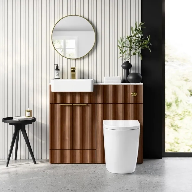 Sicily Fluted Black Walnut Combination Vanity Basin with Marble Top & Utah Comfort Height Toilet 1000mm - Brushed Brass Accents