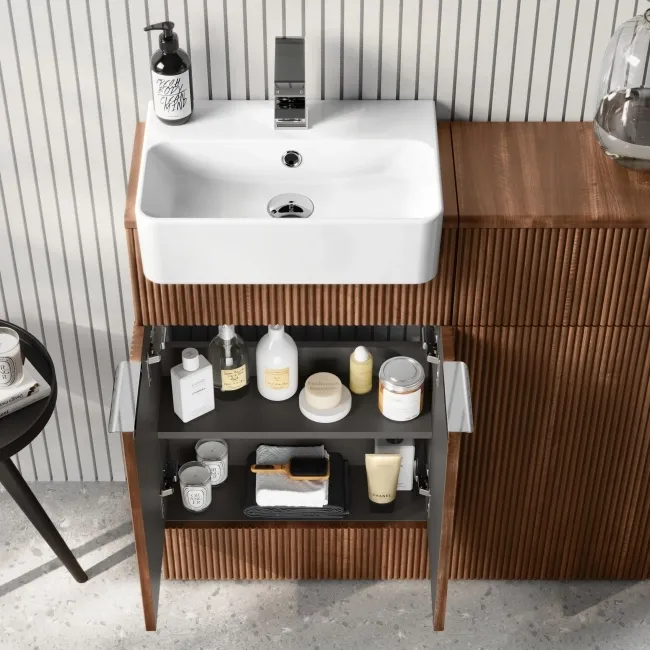 Sicily Fluted Black Walnut Vanity with Semi Recessed Basin 500mm - Chrome Handles