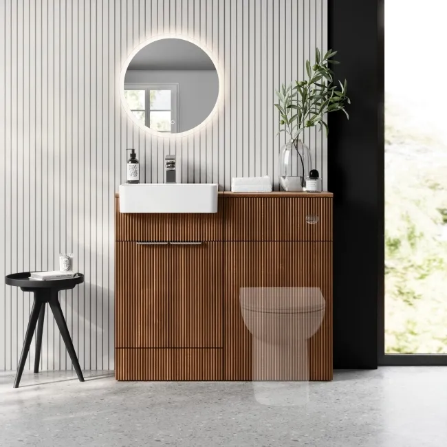 Sicily Fluted Black Walnut Vanity and Back To Wall Toilet Unit 1000mm (Excludes Toilet) - Chrome Handles
