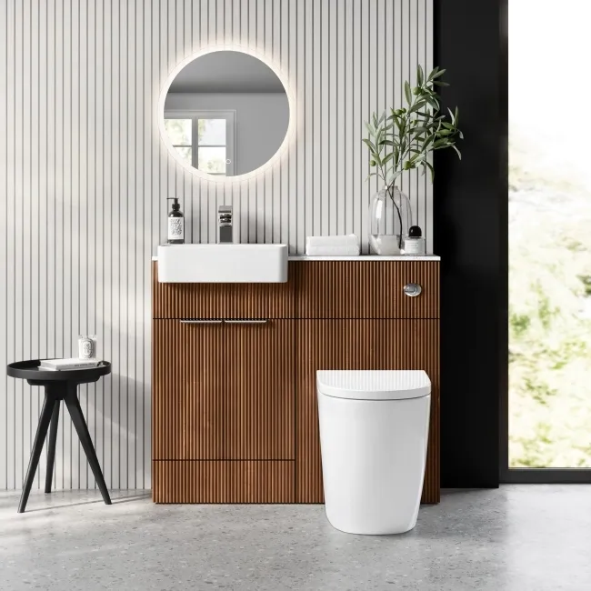 Sicily Fluted Black Walnut Combination Vanity Basin with Marble Top & Utah Comfort Height Toilet 1000mm - Chrome Handles