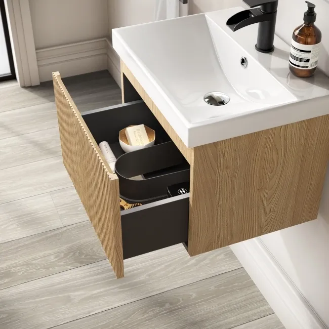 Malta Fluted Country Oak Wall Hung Basin Drawer Vanity 500mm