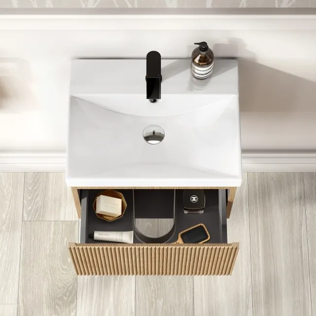 Malta Fluted Country Oak Wall Hung Basin Drawer Vanity 500mm