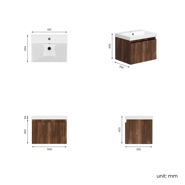 Malta Fluted Black Walnut Wall Hung Basin Drawer Vanity 500mm
