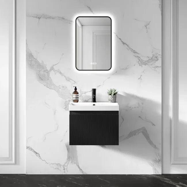 Malta Fluted Matt Black Wall Hung Basin Drawer Vanity 500mm