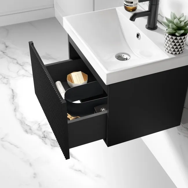 Malta Fluted Matt Black Wall Hung Basin Drawer Vanity 500mm