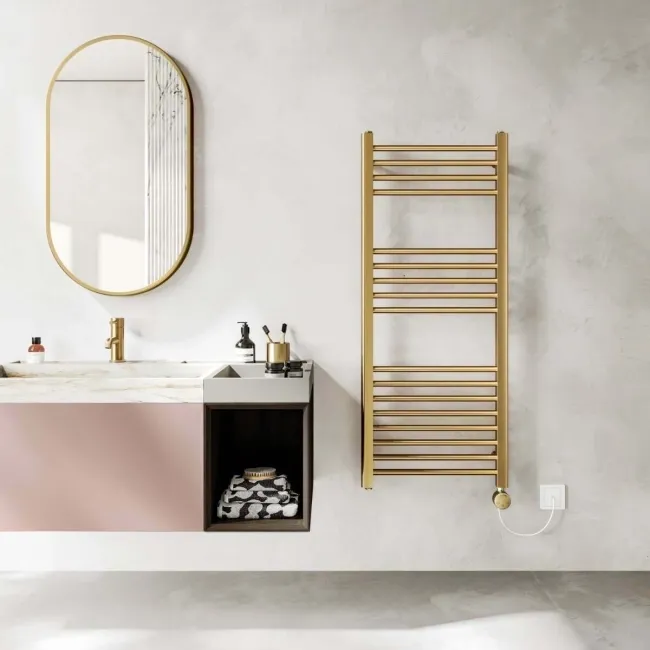 Barcelona Electric Brushed Brass Straight Heated Towel Rail 1200x500mm