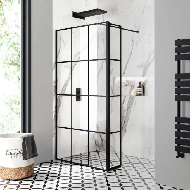 Munich Matt Black Grid 8mm Wet Room Shower Glass 900mm & 250mm Pivotal Return Panel