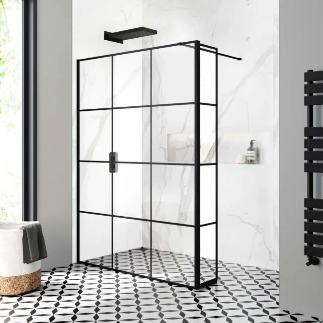 Munich Matt Black Grid 8mm Wet Room Shower Glass 1400mm & 250mm Pivotal Return Panel