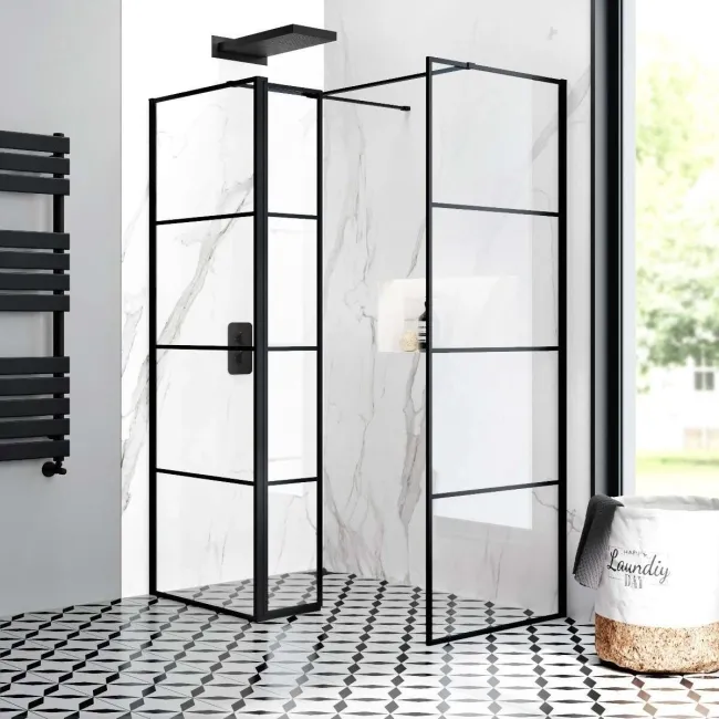Munich Matt Black Grid 8mm Walk In Shower Enclosure 700mm & 700mm Glass with Pivotal Return Panel
