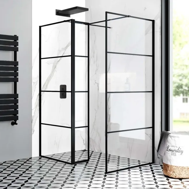 Munich Matt Black Grid 8mm Walk In Shower Enclosure 800mm & 900mm Glass with Pivotal Return Panel