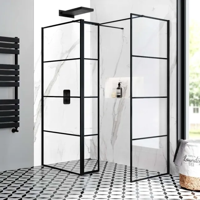 Munich Matt Black Grid 8mm Walk In Shower Enclosure 900mm & 700mm Glass with Pivotal Return Panel
