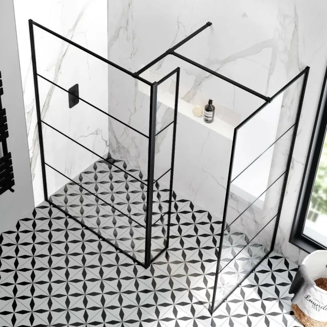 Munich Matt Black Grid 8mm Walk In Shower Enclosure 1200mm & 800mm Glass with Pivotal Return Panel