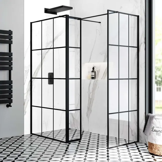 Munich Matt Black Grid 8mm Walk In Shower Enclosure 1000mm & 800mm Glass with Pivotal Return Panel