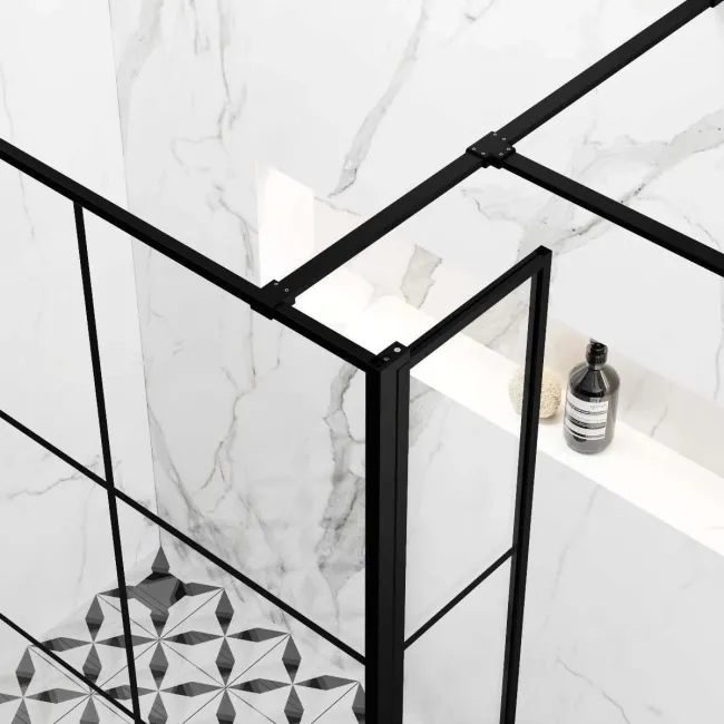 Munich Matt Black Grid 8mm Walk In Shower Enclosure 1200mm & 700mm Glass with Pivotal Return Panel