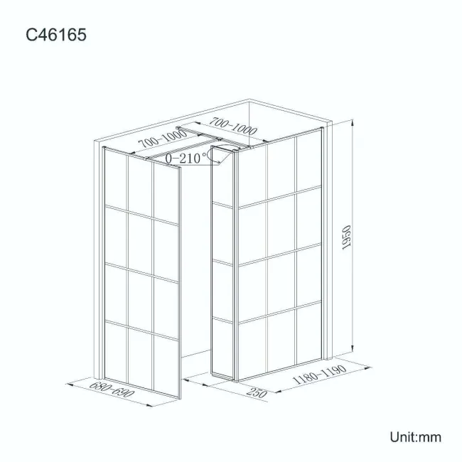 Munich Matt Black Grid 8mm Walk In Shower Enclosure 1200mm & 700mm Glass with Pivotal Return Panel