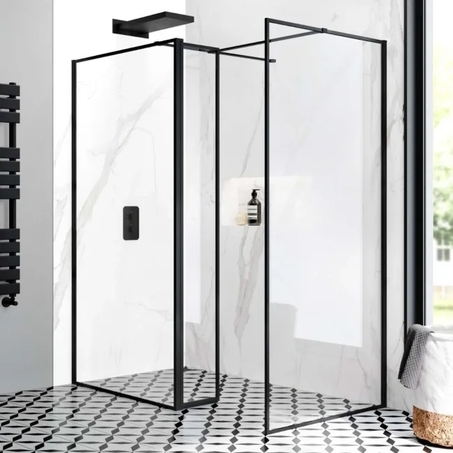 Munich Matt Black Framed 8mm Walk In Shower Enclosure 1000mm & 900mm Glass with Pivotal Return Panel