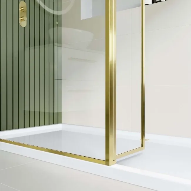 Munich Brushed Brass Framed 8mm Walk In Shower Enclosure 1400mm & 800mm Glass with Return Panel