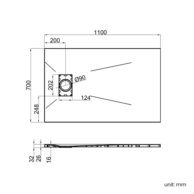 Berlin Rectangular Dark Grey Slate Effect SMC Composite Shower Tray 1100x700mm