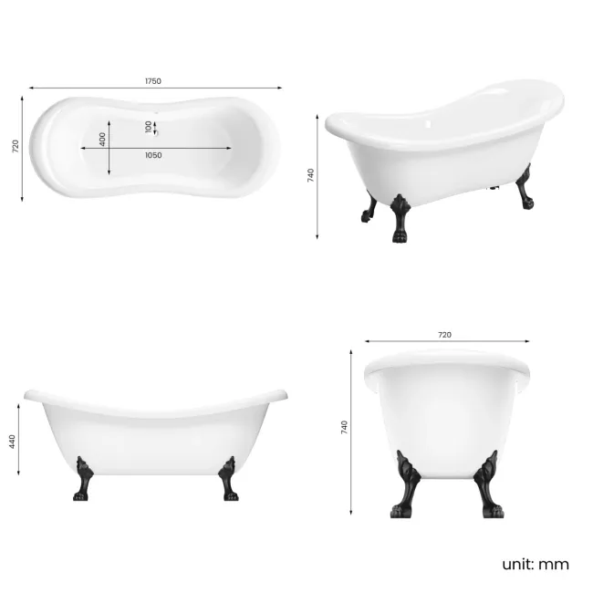 Tonbridge 1750mm Roll Top Bath - Black Claw Feet