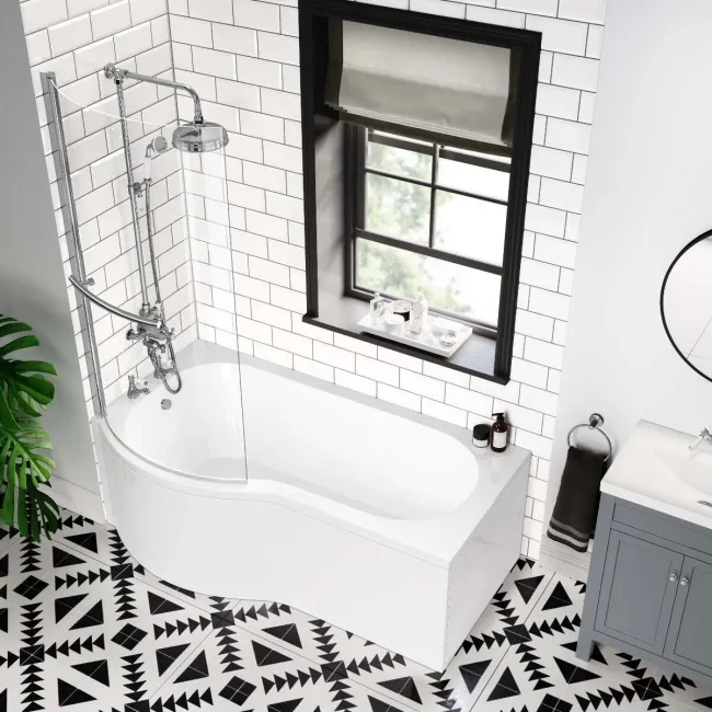 P Shaped 1600 Shower Bath with Front Panel & 6mm Easy Clean Screen with Rail - Left Handed