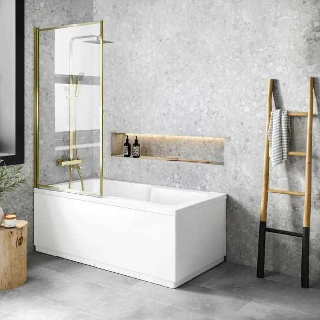 Dover 1500x750 Keyhole Shower Bath & 6mm Easy Clean Brushed Brass Framed Bath Screen