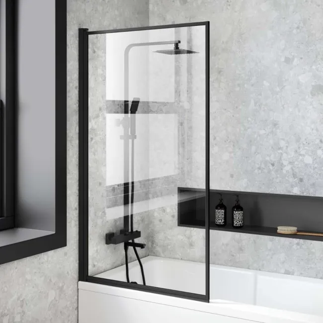 Dover 1600x750 Keyhole Shower Bath & 6mm Easy Clean Matt Black Framed Bath Screen