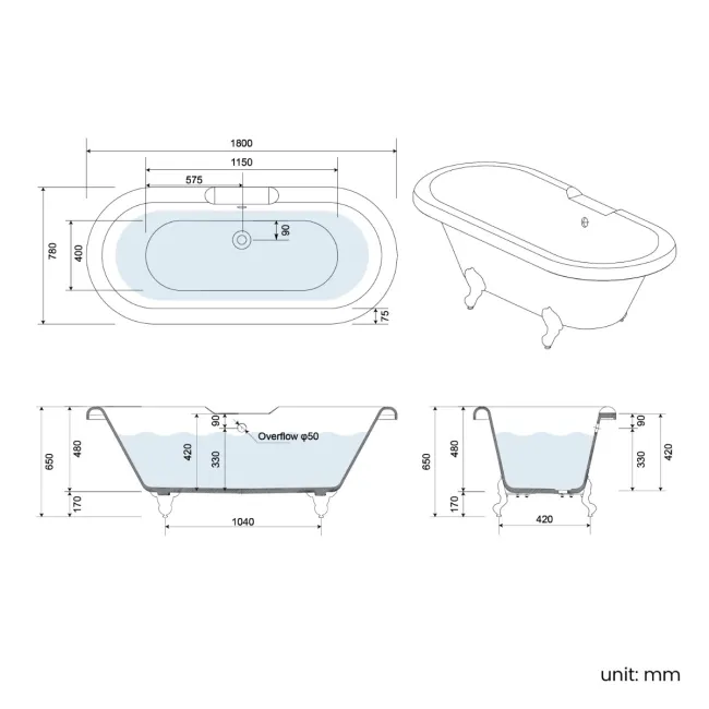 Grosvenor 1800mm Roll Top Bath - Brushed Brass Ball Feet