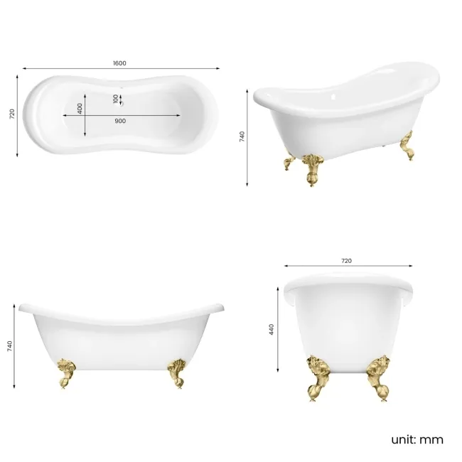 Tonbridge 1600mm Roll Top Bath - Brushed Brass Ball Feet