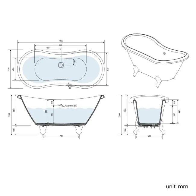 Tonbridge 1600mm Roll Top Bath - Brushed Brass Ball Feet