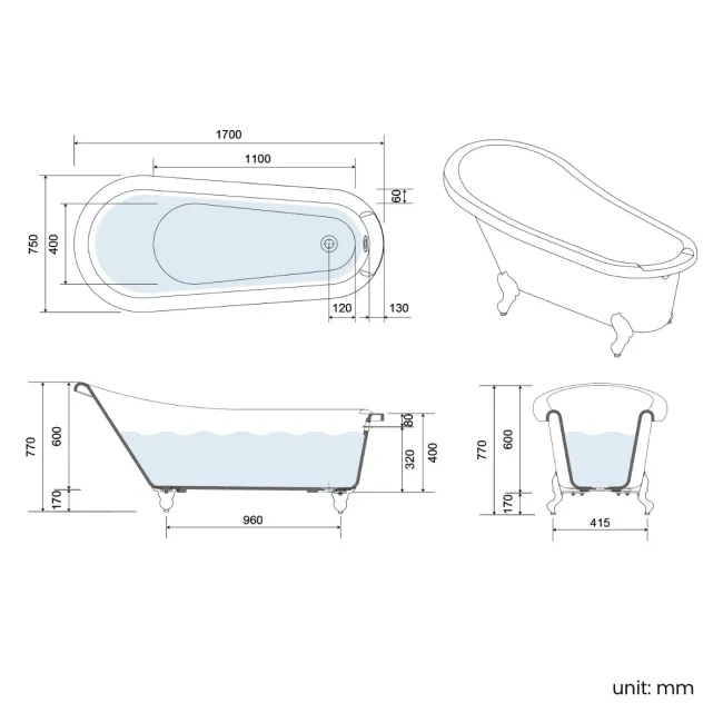 Highbury 1700mm Roll Top Slipper Bath - Brushed Brass Ball Feet