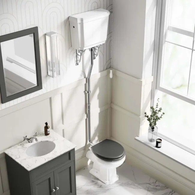 Hudson Traditional Toilet With High-Level Cistern and Graphite Grey Wooden Seat