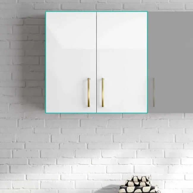 Harper Gloss White Wall Hung Cabinet 600x600mm - Brushed Brass Accents
