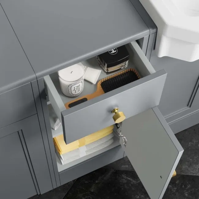 Monaco Dove Grey Side Cabinet Unit 300mm - Brushed Brass Accents