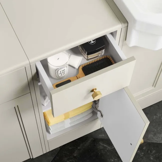 Monaco Chalk White Side Cabinet Unit 300mm - Brushed Brass Accents