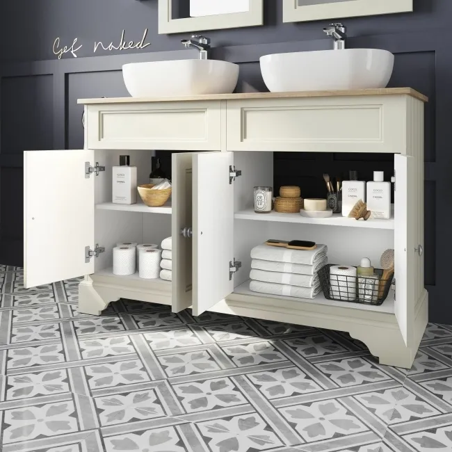Lucia Chalk White Double Vanity With Oak Effect Top & Curved Counter Top Basin 1200mm
