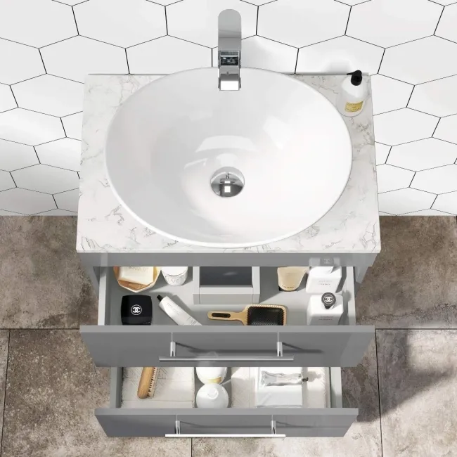 Avon Stone Grey Vanity Drawer with Marble Top & Oval Counter Top Basin 600mm