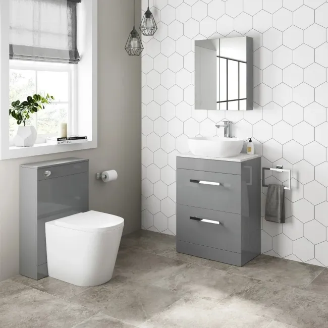 Avon Stone Grey Vanity Drawer with Marble Top & Curved Counter Top Basin 600mm