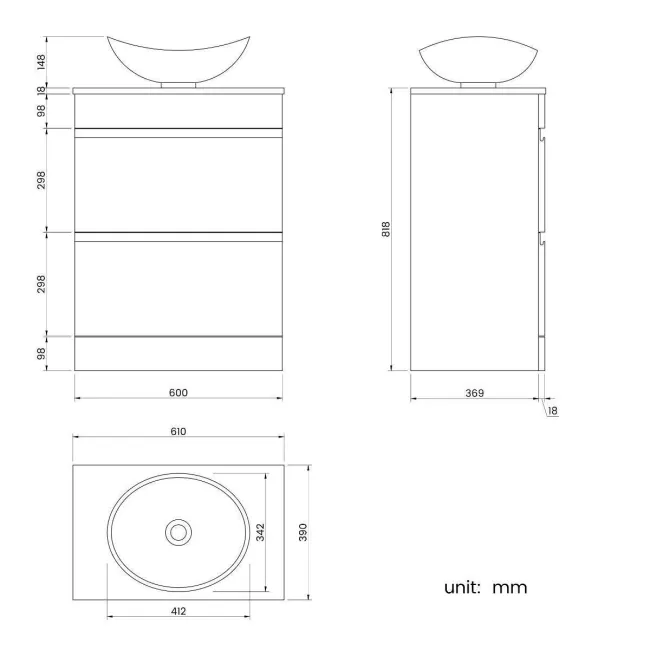 Trent Gloss White Vanity Drawer with Oval Counter Top Basin 600mm