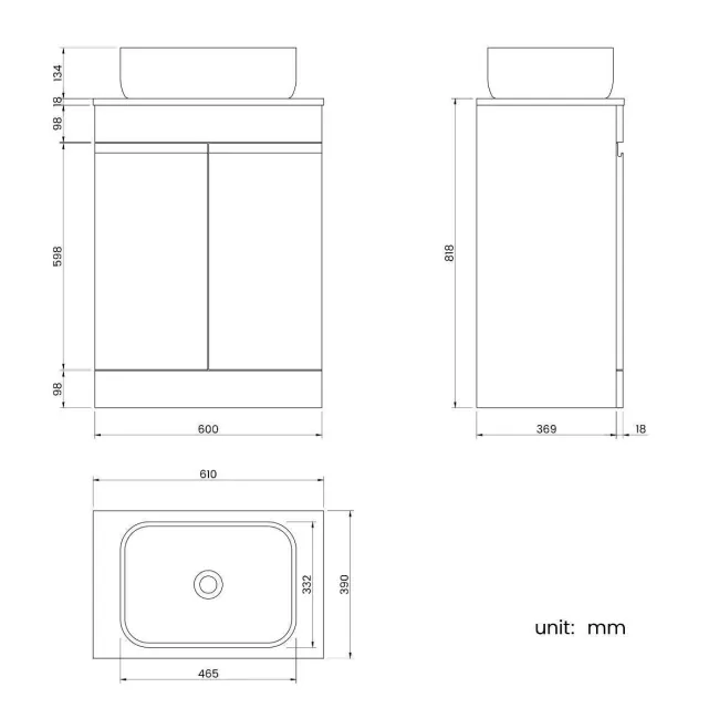 Trent Stone Grey Vanity with Curved Counter Top Basin 600mm