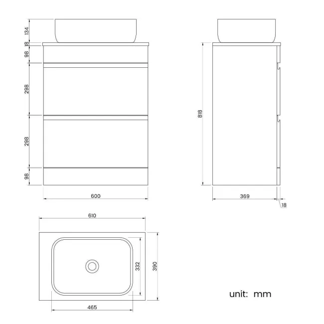 Trent Stone Grey Vanity Drawer with Curved Counter Top Basin 600mm